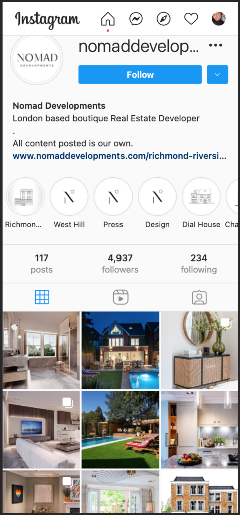 Instagram account of a real estate developer, Nomad Developments. 