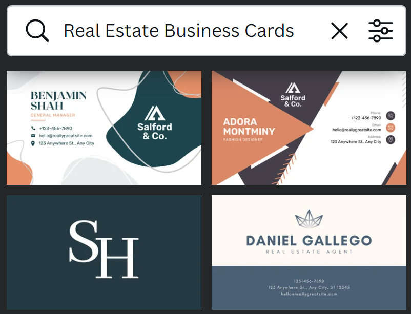 Screenshot of ready to use templates for real estate business cards on Canva.